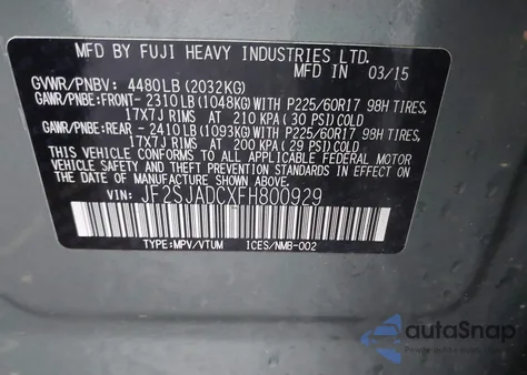 2015 Subaru Forester 2.5I Premium z USA, uszkodzony, nr VIN JF2SJADCXFH800929